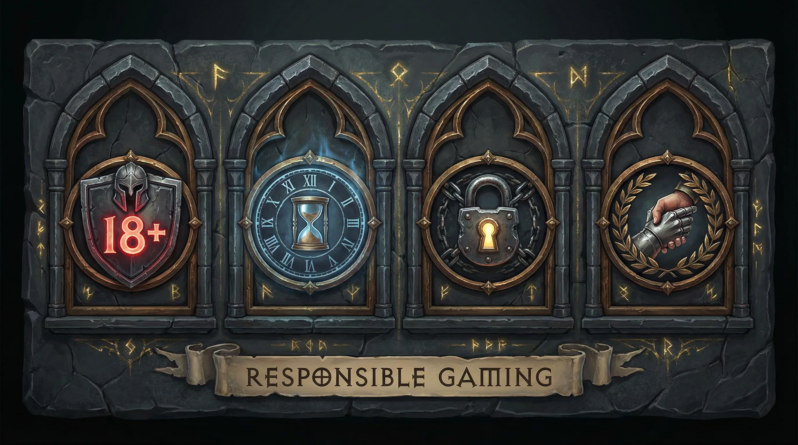 Ícones de jogo responsável com símbolos de proteção e limite de idade 18+